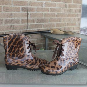 LEOPARD PRINT RUBBER BROWN ANKLE CUTE RAIN BOOTS